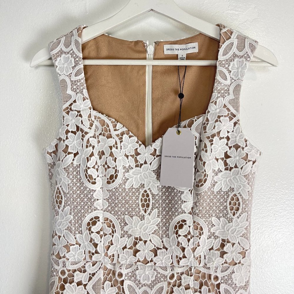 DRESS THE POPULATION Jayleen Lace Midi Dress in Off White Size Small NWT - Picture 5 of 12